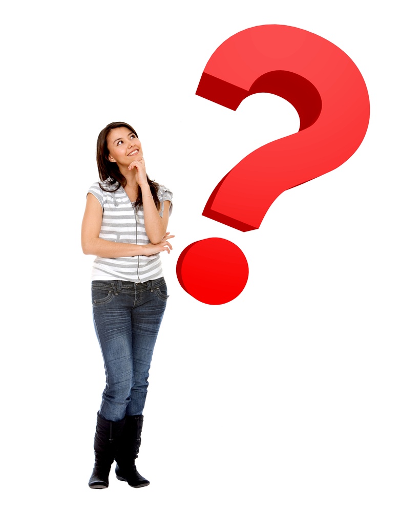 Wondering Woman With A Question Mark Isolated Over White